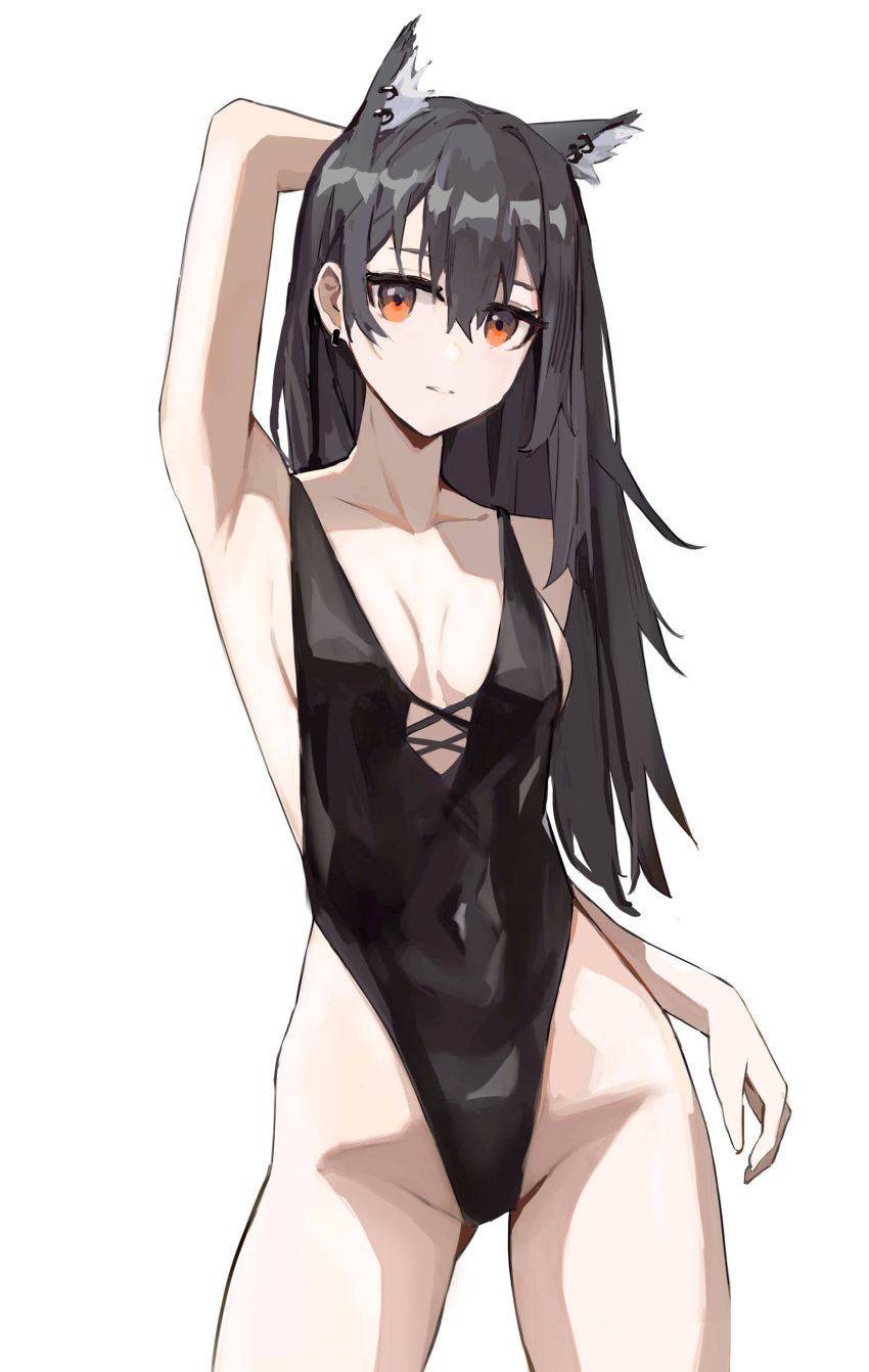 1girl absurdres animal_ear_fluff animal_ear_piercing animal_ears arknights arm_behind_head black_hair black_one-piece_swimsuit breasts brown_eyes cleavage collarbone covered_navel earrings extra_ears gluteal_fold highres jewelry long_hair looking_at_viewer nek_(user_wakh7555) one-piece_swimsuit sideboob simple_background single_sidelock solo standing swimsuit texas_(arknights) thighs white_background