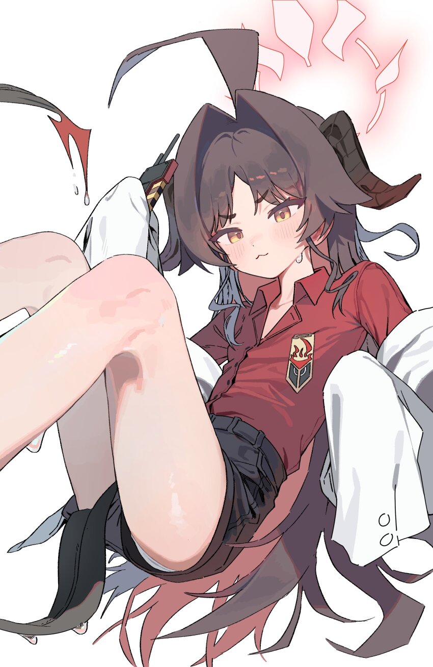 absurdres blue_archive brown_hair changmi coat halo highres holding_radio horns kasumi_(blue_archive) long_hair looking_at_viewer red_shirt shirt tail white_coat yellow_eyes