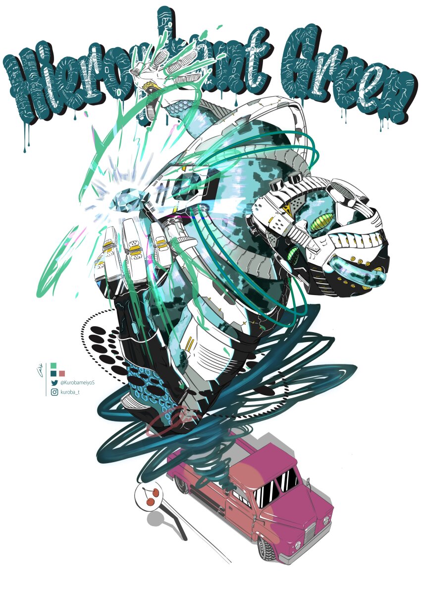 1other absurdres armor car character_name cherry colored_skin food fruit gem green_gemstone green_skin hierophant_green highres humanoid_robot jojo_no_kimyou_na_bouken kurobameiyos motor_vehicle red_car robot speech_bubble stand_(jojo) stardust_crusaders white_armor yellow_eyes