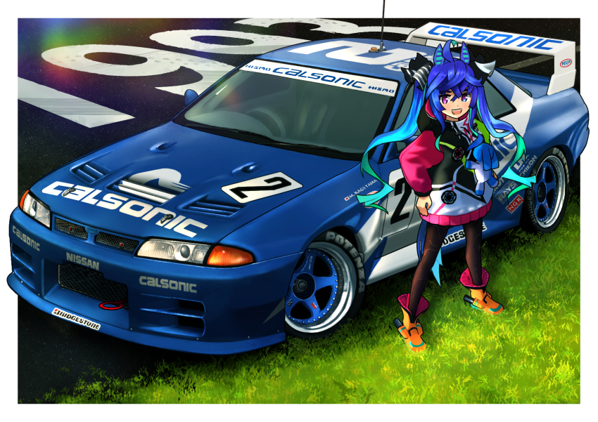 1993 1girl :d ahoge animal_ears blue_eyes blue_hair boots bridgestone car from_above grass heterochromia highres hood hoodie horse_ears horse_girl horse_tail long_hair looking_at_viewer motor_vehicle multicolored_hoodie nissan nissan_skyline nissan_skyline_r32 open_mouth purple_eyes sharp_teeth smile solo spoiler_(automobile) tail teeth timmyyen twin_turbo_(umamusume) twintails umamusume vehicle_focus wide_shot yellow_boots