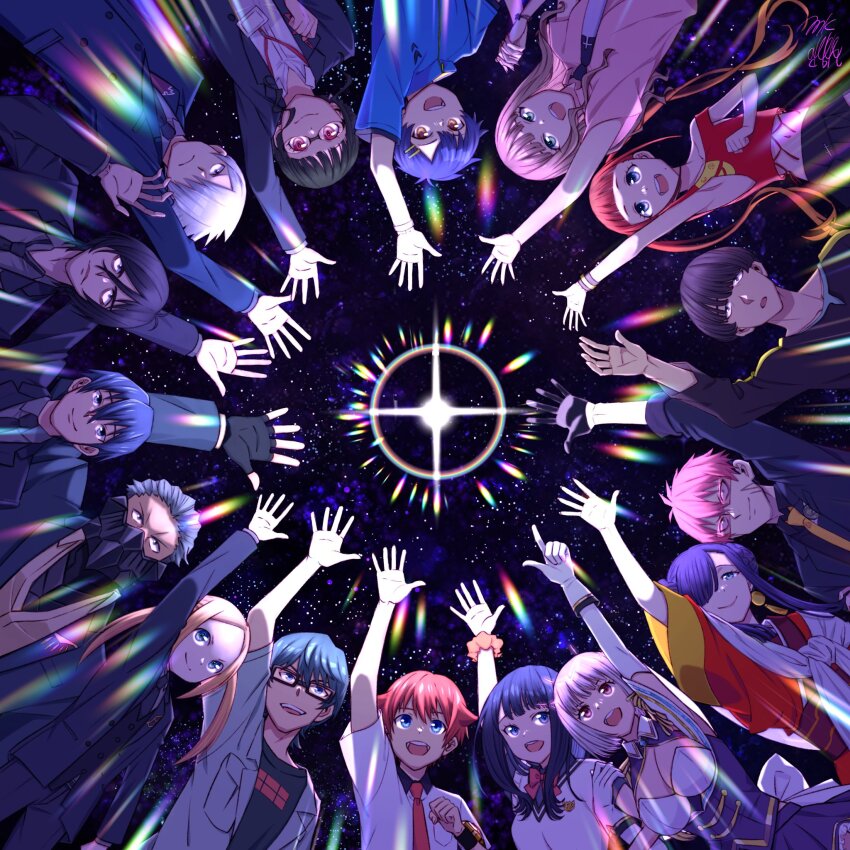 acceptor anosillus_ii anti_(ssss.gridman) asanaka_yomogi asukagawa_chise black_hair blue_eyes blue_hair borr breasts brown_hair circle_formation couple earrings gauma gridman_universe gridman_universe_(movie) hair_between_eyes hair_bun hetero hibiki_yuuta highres jewelry long_hair long_sleeves max_(ssss.gridman) medium_breasts minami_yume mukumuku_(artist) multiple_boys multiple_girls necktie pink_hair princess_(dynazenon) red_hair samurai_calibur scar scar_on_face school_uniform shinjou_akane shirt short_hair single_hair_bun skirt sunglasses takarada_rikka thighs utsumi_shou vit white_shirt yamanaka_koyomi
