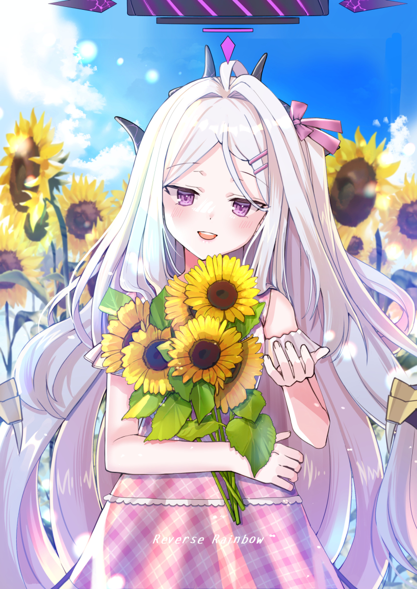 1girl :d ahoge alternate_costume blue_archive blue_sky blurry bow casual checkered_clothes checkered_dress cloud cloudy_sky commentary_request cowboy_shot demon_girl demon_horns depth_of_field dress english_text field flower flower_field forehead hair_bow hair_ornament hair_ribbon hairclip halo head_tilt highres hina_(blue_archive) holding holding_flower horns jin_young-in long_hair looking_at_viewer open_mouth outdoors parted_bangs pink_dress purple_eyes reaching reaching_towards_viewer ribbon sidelocks sky smile solo sundress sunflower sunflower_field wavy_hair white_hair