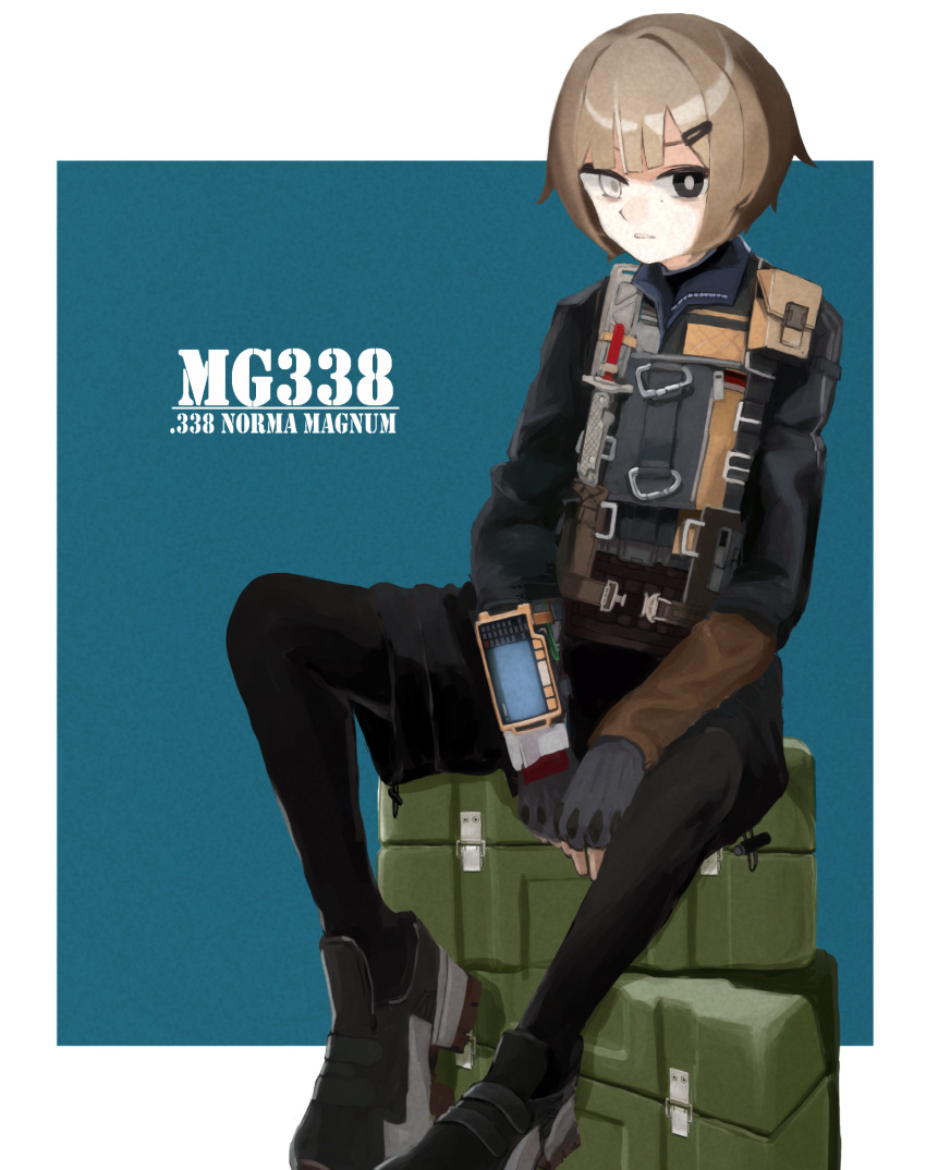 black_eyes black_gloves black_shorts brown_hair carabiner character_name fingerless_gloves full_body girls&#039;_frontline gloves hair_ornament hairclip heterochromia highres jacket looking_at_viewer meta0614 mg338_(girls&#039;_frontline) mole mole_under_eye short_hair shorts sitting white_eyes wrist_computer
