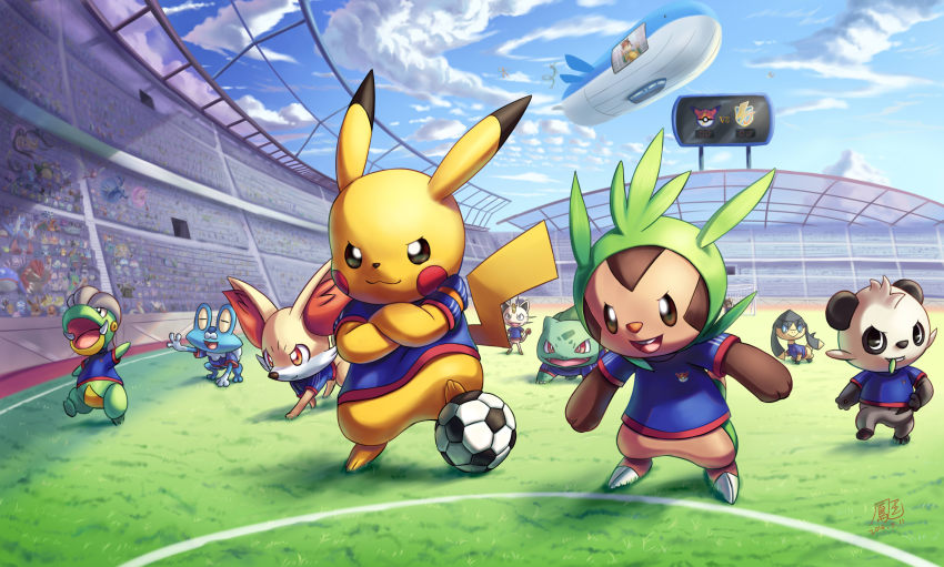 10s 1boy aggron aipom aircraft airship alakazam alternate_color azelf azumarill bagon ball beartic blue_sky bronzong bulbasaur charizard charmander chespin clothed_pokemon cloud company_connection croagunk crobat crossover darkrai deoxys deoxys_(attack) dewott dialga dragonite drapion druddigon dusknoir eelektross eevee electrode_(pokemon) emolga endou_mamoru espeon excadrill fennekin flareon froakie garchomp gastly gen_1_pokemon gen_2_pokemon gen_3_pokemon gen_4_pokemon gen_5_pokemon gen_6_pokemon gengar giratina giratina_(origin) glaceon glalie gliscor golurk grass groudon haunter helioptile highres ho-oh hooh_lin hydreigon inazuma_eleven inazuma_eleven_(series) jellicent jolteon kyogre latias latios leafeon legendary_pokemon litleo lucario luxio magnezone mawile meowstic meowstic_(female) meowstic_(male) meowth mesprit metagross milotic munna musharna mythical_pokemon nintendo noivern palkia pancham pikachu pokemon pokemon_(creature) pokemon_xy politoed poochyena porygon-z pyroar pyroar_(female) rayquaza regigigas sableye salamence sandshrew sandslash scyther serperior servine shiny_pokemon shuckle sky skycraft snivy snorlax soccer soccer_ball soccer_uniform spinda sportswear squirtle stadium starly starter_pokemon_trio staryu swalot swampert sylveon telstar togekiss totodile umbreon uxie vaporeon volcarona wailord wobbuffet
