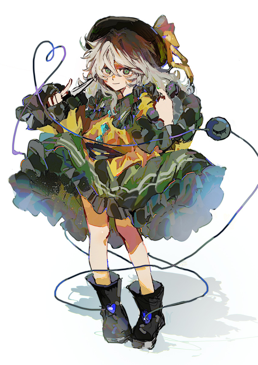 1girl absurdres bare_legs black_boots black_hat boots bow buttons chinese_commentary closed_mouth collared_shirt commentary_request diamond_button frilled_shirt_collar frilled_skirt frilled_sleeves frills full_body green_eyes green_nails green_skirt grey_hair hair_between_eyes hat hat_bow heart heart_of_string highres huangdouliuhan knees komeiji_koishi light_blush long_hair long_sleeves looking_at_viewer miniskirt nail_polish pleated_skirt shadow shirt simple_background skirt sleeves_past_wrists smile solo standing third_eye touhou white_background wide_sleeves yellow_bow yellow_shirt
