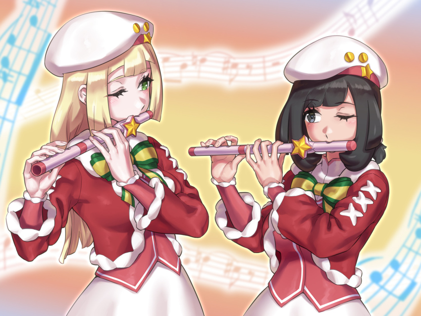 2girls beanie black_eyes black_hair blonde_hair blunt_bangs blush cosplay flute green_eyes hat holding holding_flute holding_instrument instrument lillie_(holiday_2024)_(pokemon) lillie_(pokemon) lillie_(pokemon)_(cosplay) long_hair looking_at_another mizuumi_(bb) multiple_girls music musical_note nintendo official_alternate_costume one_eye_closed playing_flute playing_instrument poke_flute pokemon pokemon_masters_ex pokemon_sm selene_(pokemon) short_hair transverse_flute