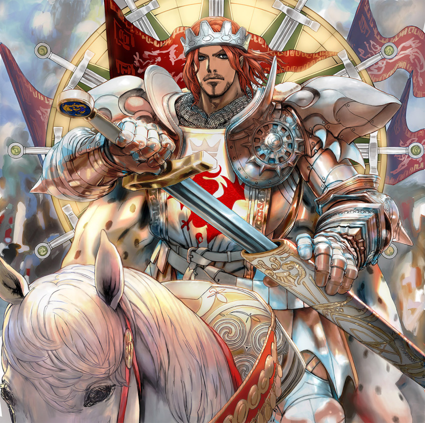 1boy armor belt crown flag gauntlets highres horse horseback_riding king king_arthur male_focus original red_hair riding sheath solo sword weapon yasuda_akira