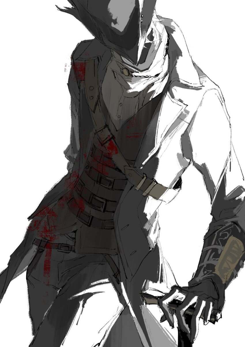 1boy belt blood blood_on_clothes bloodborne coat cowboy_shot hat highres holding hunter_(bloodborne) jacket jiao_chang multiple_belts solo tricorne white_background