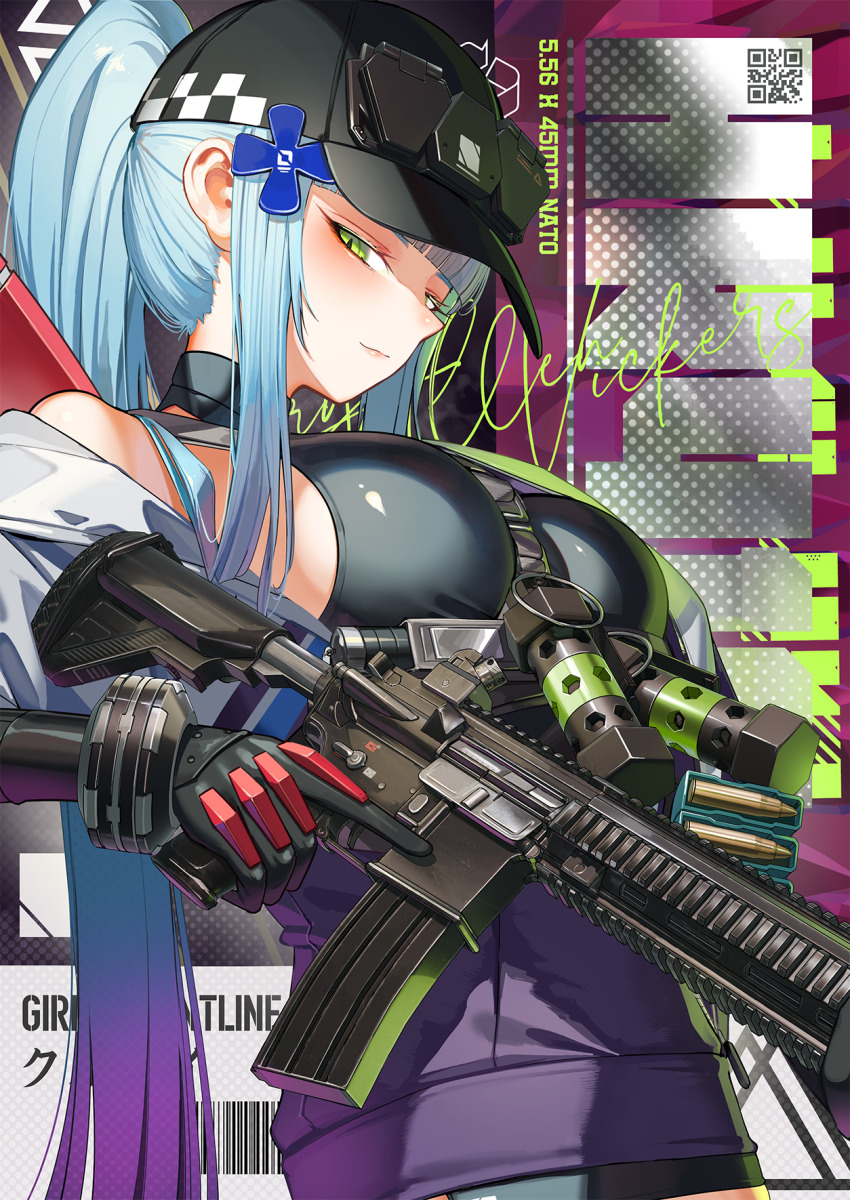 1girl assault_rifle barcode baseball_cap black_hat blue_hair breasts character_name closed_mouth commentary copyright_name cross_hair_ornament flashbang girls&#039;_frontline girls&#039;_frontline_2:_exilium green_eyes gun h&amp;k_hk416 hair_ornament hat highres hk416_(girls&#039;_frontline) jacket klukai_(girls&#039;_frontline_2) long_hair looking_at_viewer multicolored_jacket natori_youkai off_shoulder ponytail purple_jacket qr_code rifle sidelocks solo trigger_discipline two-tone_jacket weapon weapon_name white_jacket