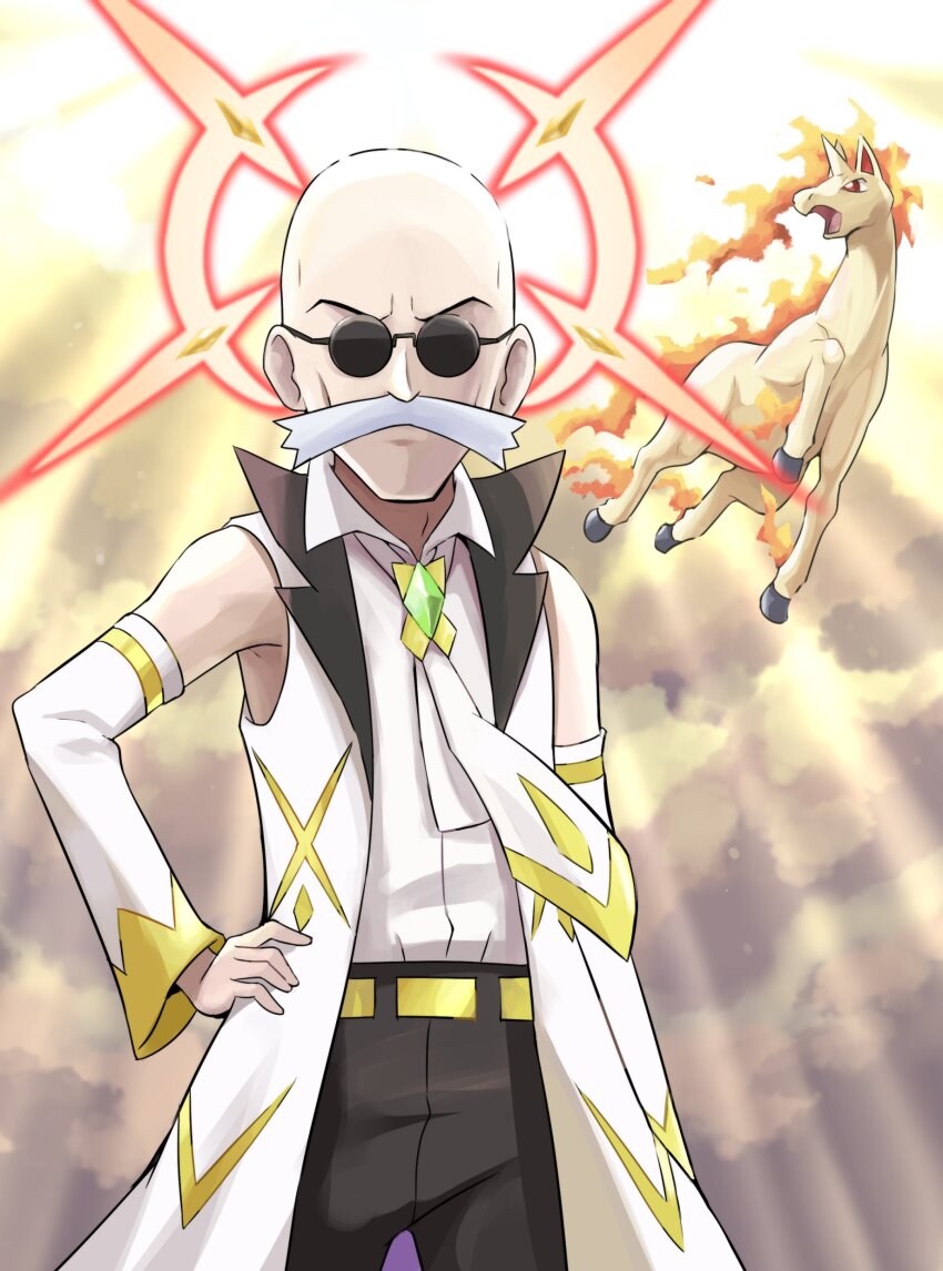 1boy absurdres bald belt blaine_(pokemon) cloud facial_hair fiery_hair fire gen_1_pokemon highres horns horse looking_at_viewer mustache necktie nintendo pants pokemoa pokemon pokemon_(creature) pokemon_frlg pokemon_masters_ex rapidash shirt single_horn sleeveless sleeveless_shirt sunglasses