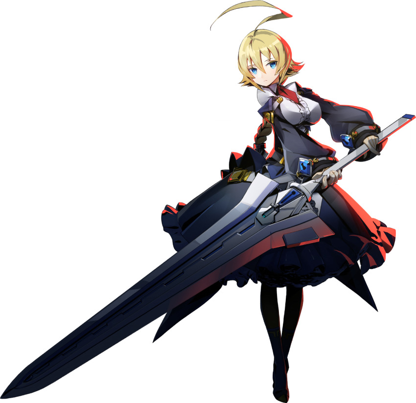 1girl ahoge arc_system_works blazblue blazblue:_entropy_effect blonde_hair blue_eyes braid braided_ponytail breasts center_frills dress es_(xblaze) flipped_hair frills full_body greatsword hair_between_eyes highres huge_ahoge huge_weapon katou_yuuki large_breasts long_hair long_sleeves necktie official_art pantyhose red_light red_necktie shortstack simple_background single_braid solo sword transparent_background underbust weapon xblaze