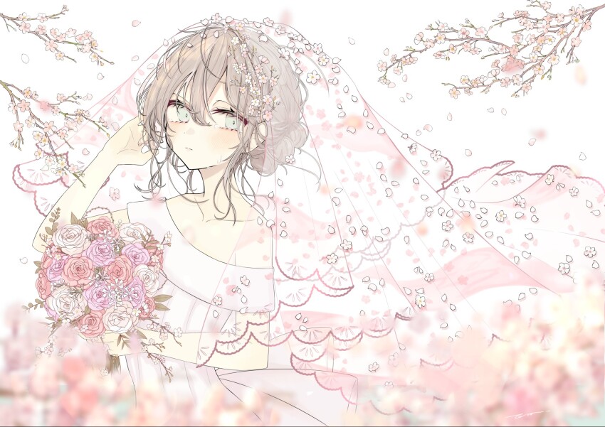 1girl arm_up bare_shoulders blue_eyes blurry blurry_foreground blush bouquet bridal_veil closed_mouth collarbone commentary_request dress falling_petals flower grey_hair hair_bun hand_up highres holding holding_bouquet looking_at_viewer off-shoulder_dress off_shoulder original petals pink_flower pink_veil see-through_clothes see-through_veil short_hair sidelocks solo tearing_up tears tono.co tree upper_body veil wedding_dress white_background white_dress white_flower white_petals