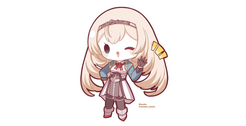 1girl black_gloves black_pantyhose blonde_hair blush breasts chibi commentary_request dress flower full_body gloves hairband highres kantai_collection long_hair long_sleeves nada_namie notice_lines one_eye_closed open_mouth pantyhose red_flower red_rose rose simple_background solo tiara twitter_username very_long_hair victorious_(kancolle) white_background
