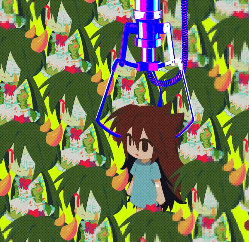 6+girls apron brown_eyes brown_hair clone commentary crane_game dress dual_persona english_commentary full_body gauze gauze_over_eye green_background green_dress green_hair highres hospital_gown long_hair low_twintails maid maid_apron multiple_girls original pixelated red_eyes satanmanse simple_background solo twintails very_long_hair