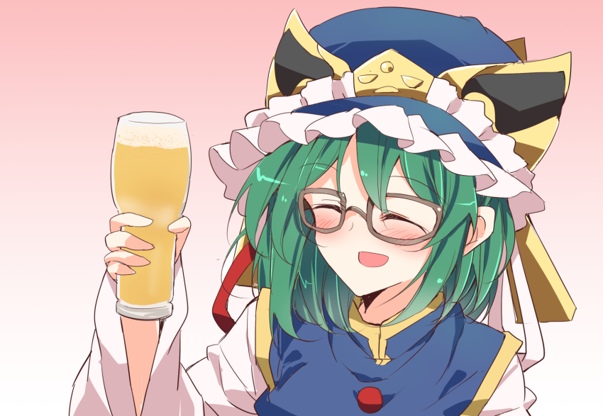 1girl :d balance_scale beer_mug blue_hat brown-framed_eyewear closed_eyes cup frilled_hat frills glasses gradient_background green_hair hat highres holding holding_cup ichimura_kanata long_sleeves mug open_mouth pink_background shiki_eiki short_hair smile solo touhou upper_body weighing_scale zun