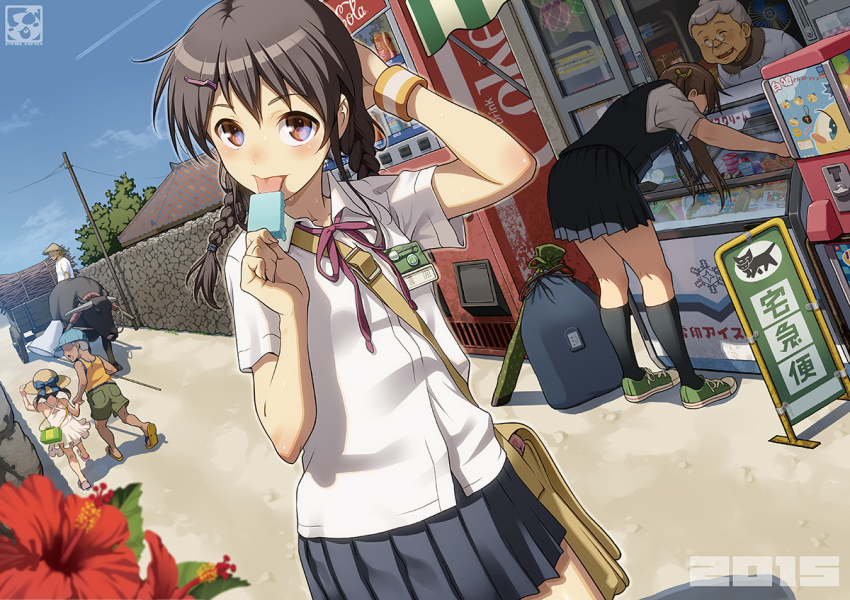 2boys 4girls aoi_sora_(pairan) arm_up ass back bag baseball_cap bent_over black_hair black_socks blue_bag blue_bow blue_hat blue_ribbon blue_skirt blue_sky blue_vest blush bow box braid brown_eyes brown_hair bull butterfly_net can child closed_eyes cloud coca-cola commentary_request contrail cross-laced_clothes cross-laced_dress day dress dress_shirt drink_can dutch_angle electric_fan fingernails firewood flip-flops flower food frilled_dress frills from_behind gashapon green_footwear green_shorts grey_hair hair_between_eyes hair_bun hair_ornament hair_ribbon hair_tie hairclip hand_net hand_on_headwear hand_on_own_head hand_up hat hat_bow holding holding_food holding_hands holding_popsicle house ice_cream bug_cage kneehighs licking long_bangs long_hair looking_at_viewer looking_down low-tied_long_hair low_twin_braids miniskirt multiple_boys multiple_girls name_tag neck_ribbon old old_woman open_mouth orange_sweatband original outdoors pairan pleated_skirt pocket popsicle power_lines pullcart purple_ribbon red_flower refrigerator ribbon rice_hat road round_eyewear running sack safety_pin sandals school_bag school_uniform shadow shirt shoe_soles shoes short_dress short_sleeves shorts shoulder_bag sign single_tooth skirt sky sliding_doors sneakers socks soda_can solo_focus standing stone_wall striped_sweatband sun_hat sweat sweatband tank_top thighs tile_roof tongue tongue_out translation_request tree twin_braids twintails utility_pole vending_machine vest wall weapon_bag white_dress white_shirt window yellow_bag yellow_ribbon