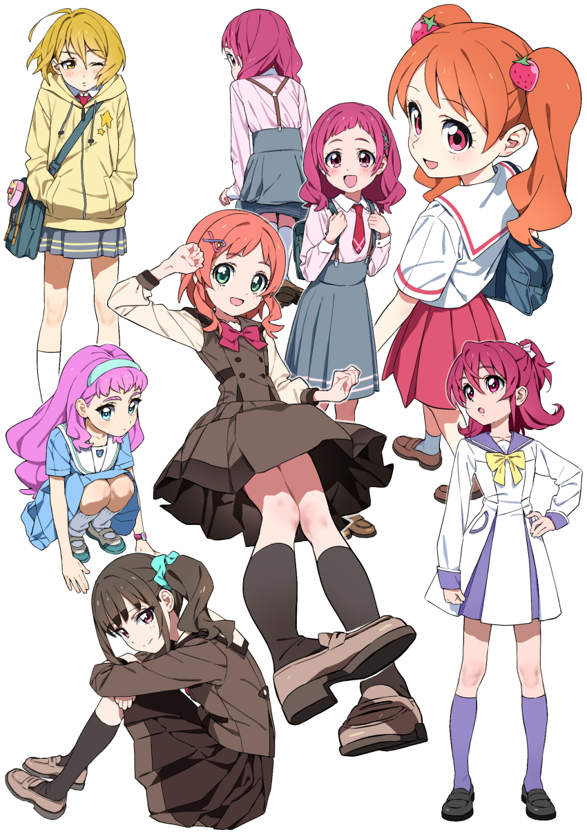 6+girls :d absurdres aida_mana aqua_eyes arched_bangs backpack bag blonde_hair bow bowtie brown_hair buttons commentary_request dokidoki!_precure double-breasted food-themed_hair_ornament hair_ornament hair_scrunchie hairband hairclip hand_on_own_hip hands_in_pockets highres hiji_rida hood hoodie hugtto!_precure inukai_iroha kagayaki_homare kirakira_precure_a_la_mode kneehighs laura_la_mer loafers long_hair long_sleeves looking_at_viewer looking_up multiple_girls multiple_views necktie nekoyashiki_mayu nono_hana one_eye_closed open_mouth orange_hair pink_eyes pink_hair pleated_skirt ponytail precure sailor_collar school_uniform scrunchie shirt shoes short_bangs short_hair short_hair_with_long_locks short_ponytail short_sleeves shoulder_bag side_ponytail sitting skirt smile socks squatting standing strawberry_hair_ornament suspender_skirt suspenders tropical-rouge!_precure twintails usami_ichika uwabaki wavy_hair wonderful_precure! yellow_eyes