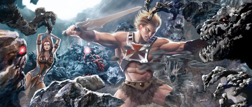 1girl 2boys abs angry arm_guards armor artist_request barbarian battle belt blonde_hair blue_eyes blue_skin colored_skin fantasy glowing glowing_eyes green_eyes hat he-man highres magic manly masters_of_the_universe monster multiple_boys muscular orko pointy_ears popmhan realistic red_hair rock science_fiction signature surrounded sword sword_of_power teela vest wand weapon wizard