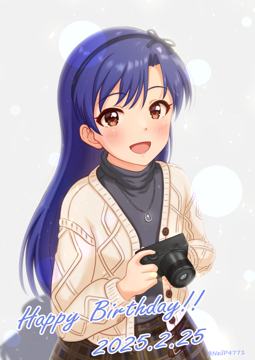 1girl absurdres birthday black_hairband black_shirt blue_hair blush brown_cardigan brown_eyes brown_skirt camera cardigan dated from_above hairband happy_birthday highres holding holding_camera idolmaster idolmaster_million_live! idolmaster_million_live!_theater_days jewelry kisaragi_chihaya kisaragi_chihaya_(private_dress) long_hair long_sleeves looking_at_viewer necklace neilp open_cardigan open_clothes open_mouth plaid_clothes plaid_skirt private_dress_(idolmaster_million_live!) shadow shirt skirt smile solo turtleneck turtleneck_shirt twitter_username
