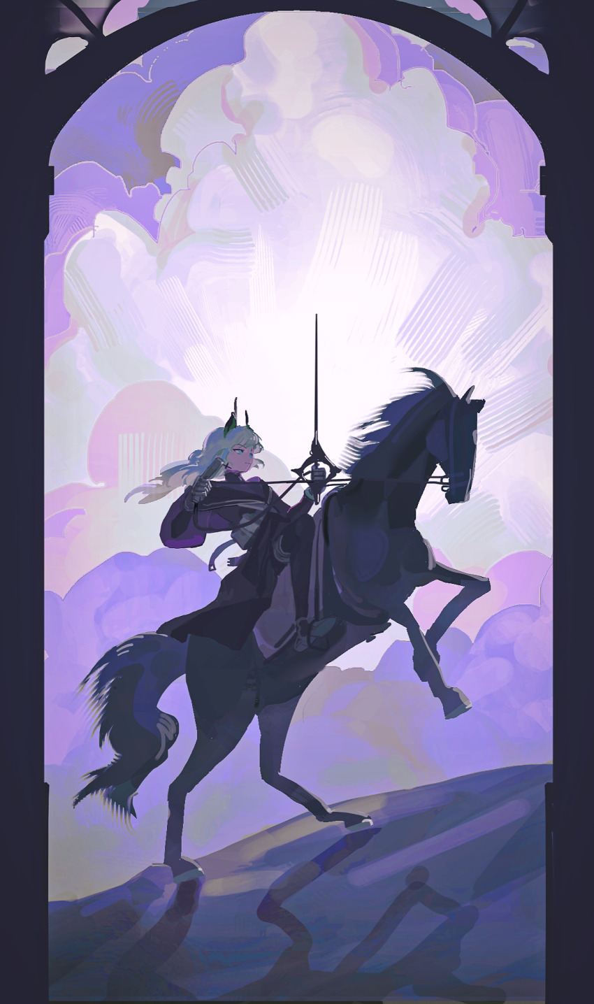 1girl arknights black_dress blue_eyes cloud dress head_wings highres holding holding_reins holding_sword holding_weapon horse horseback_riding irene_(the_adjudicatrix_and_her_resolve)_(arknights) morninorth pantyhose rapier reins riding shirt sword turtleneck turtleneck_shirt variant_set weapon white_hair wings