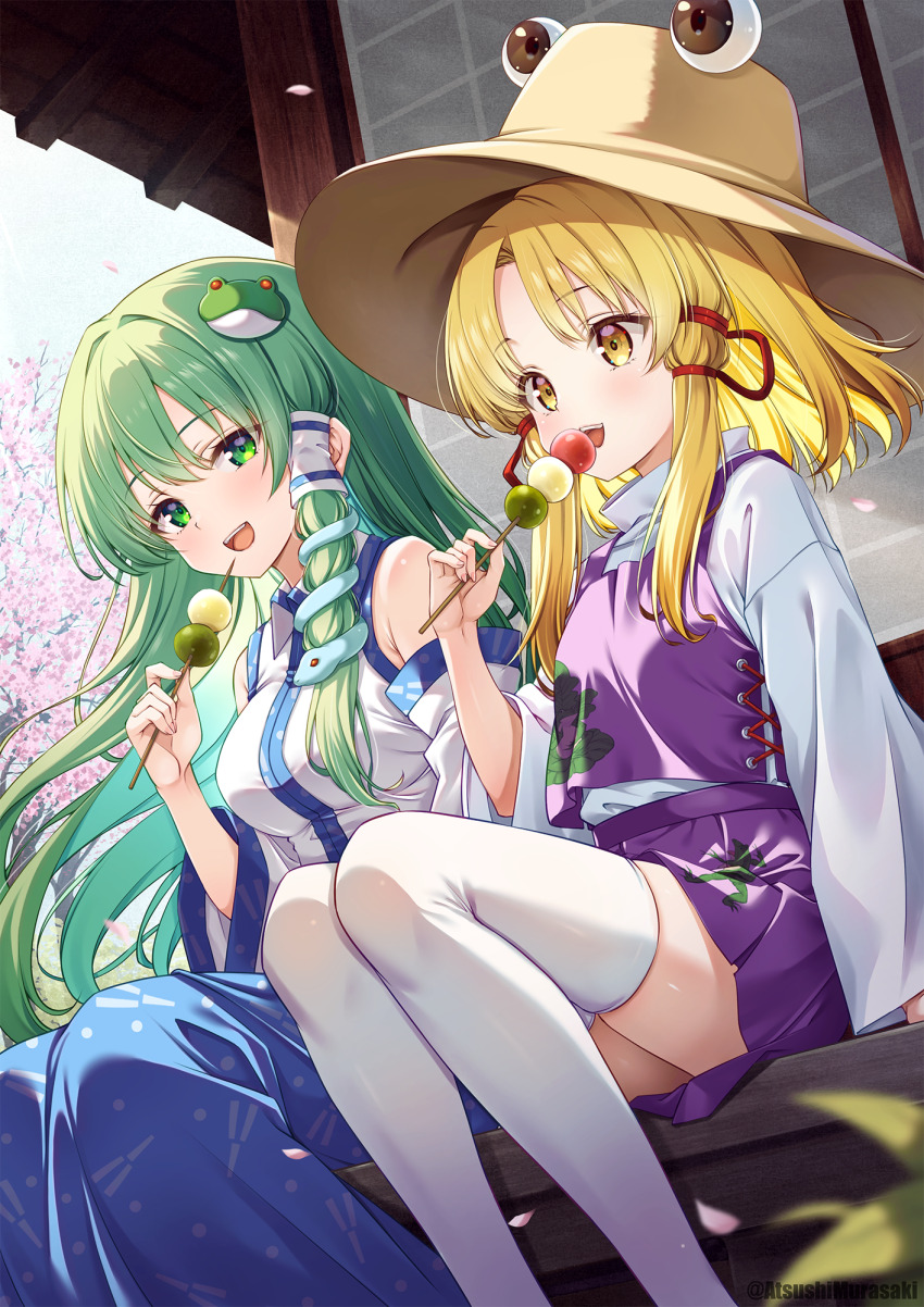 2girls :d animal_print bare_shoulders blonde_hair blue_skirt breasts brown_hat cherry_blossoms collared_shirt commentary_request dango eating falling_petals food frog_hair_ornament frog_print green_eyes green_hair hair_ornament hair_ribbon hair_tubes hat highres holding holding_food kochiya_sanae long_hair long_sleeves medium_breasts moriya_suwako multiple_girls murasaki_atsushi open_mouth outdoors petals purple_skirt red_ribbon ribbon sanshoku_dango shirt sitting skirt sleeveless sleeveless_shirt small_breasts smile snake_hair_ornament thighhighs touhou tree tress_ribbon wagashi white_shirt white_thighhighs wide_sleeves