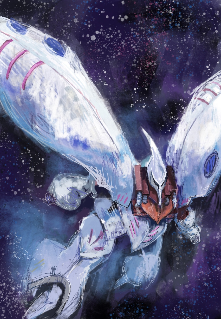 black_background commentary english_commentary gundam highres mecha mecha_focus mobile_suit neo_zeon no_humans okrdisk2000 qubeley robot science_fiction sky solo space star_(sky) starry_sky zeta_gundam