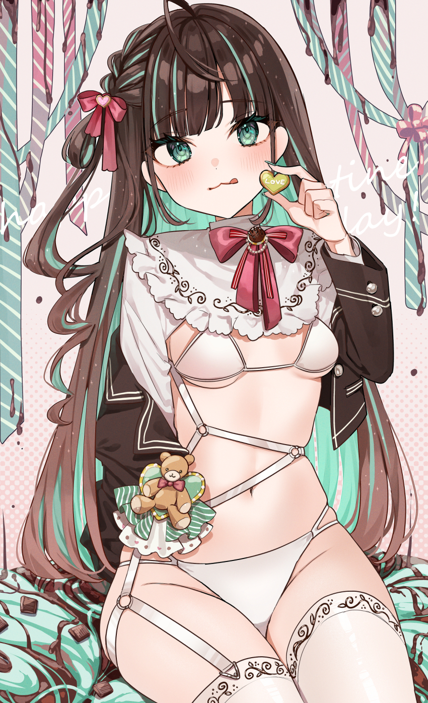 1girl :3 :q ahoge aqua_hair bikini black_jacket blunt_bangs blush braid breasts breasts_apart brown_hair closed_mouth colored_inner_hair commentary cropped_jacket food green_eyes hair_ribbon happy_valentine harness highres ice_cream jacket long_hair long_sleeves looking_at_viewer multicolored_hair navel neck_ribbon omaru_(0marufestival) open_clothes open_jacket original red_ribbon revision ribbon side_braid sitting skindentation small_breasts smile solo stuffed_animal stuffed_toy swimsuit symbol-only_commentary teddy_bear thighhighs tongue tongue_out two-tone_hair underboob very_long_hair white_bikini white_thighhighs