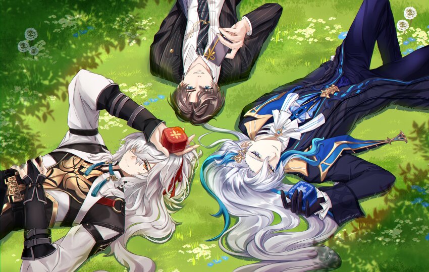 3boys absurdres arm_up artem_wing_(tears_of_themis) artist_name ascot asymmetrical_bangs black_gloves black_necktie blue_coat blue_eyeliner blue_eyes blue_flower blue_hair blue_jacket blue_pants box bridal_gauntlets brooch brown_hair buttons closed_mouth coat collared_shirt commentary commentary_request crossed_bangs diagonal-striped_clothes diagonal-striped_necktie english_commentary eyeliner flower frilled_sleeves frills genshin_impact gift gift_box gloves gold_trim grass grin hair_ornament hair_over_one_eye hair_ribbon hand_up high_ponytail highres holding holding_gift honkai:_star_rail honkai_(series) jacket jewelry jing_yuan knee_up lapels long_hair long_sleeves looking_at_viewer lying makeup male_focus mihoyo mixed-language_commentary mole mole_under_eye multicolored_hair multiple_boys necktie neuvillette_(genshin_impact) on_back on_grass one_eye_covered open_clothes open_jacket pants parted_bangs parted_lips pinstripe_jacket pinstripe_pattern ponytail red_ribbon ribbon shade shirt short_hair sleeve_cuffs smile streaked_hair striped_clothes striped_necktie tassel tears_of_themis teeth tie_clip tree_shade twitter_username very_long_hair white_ascot white_day white_flower white_hair white_shirt whyte_srsn yellow_eyes