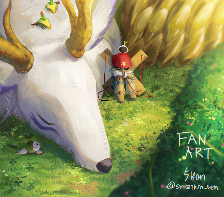 5-en artist_name body_fur cernumon closed_eyes digimon digimon_(creature) fluffymon group_picture long_nose nyokimon on_grass pinochimon puppet sleeping tanemon twitter_username white_fur