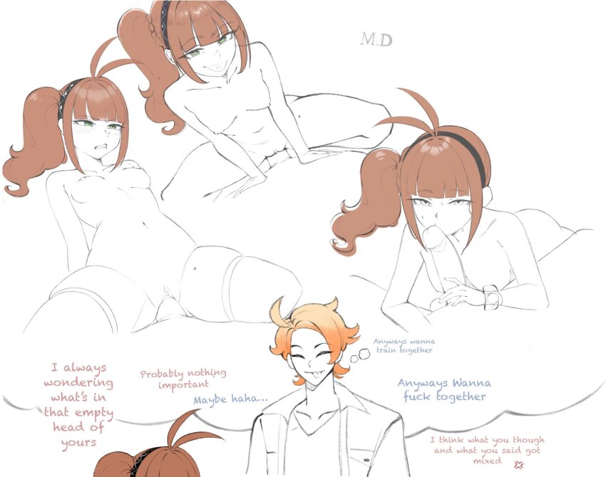 1boy 1girl angry bare_shoulders blush breasts commentary cowgirl_position doubled_(md_doubled) english_commentary english_text fellatio flat_chest green_eyes highres imagining kiss long_hair ludivine_(nyantcha) nintendo nipples non-web_source nude oral orange_hair penis pokemon pokemon_legends:_z-a pussy riding sex small_breasts speech_bubble straddling uncensored urbain_(pokemon)