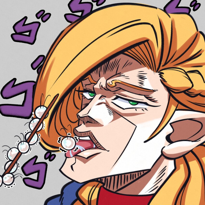 1girl blonde_hair braid bug centipede choker dungeon_meshi eating french_braid furrowed_brow green_eyes grey_background highres holding holding_skewer jojo_no_kimyou_na_bouken licking loen long_hair looking_at_viewer marcille_donato parody pointy_ears portrait rero_rero saliva scene_reference skewer solo style_parody tongue tongue_out trembling
