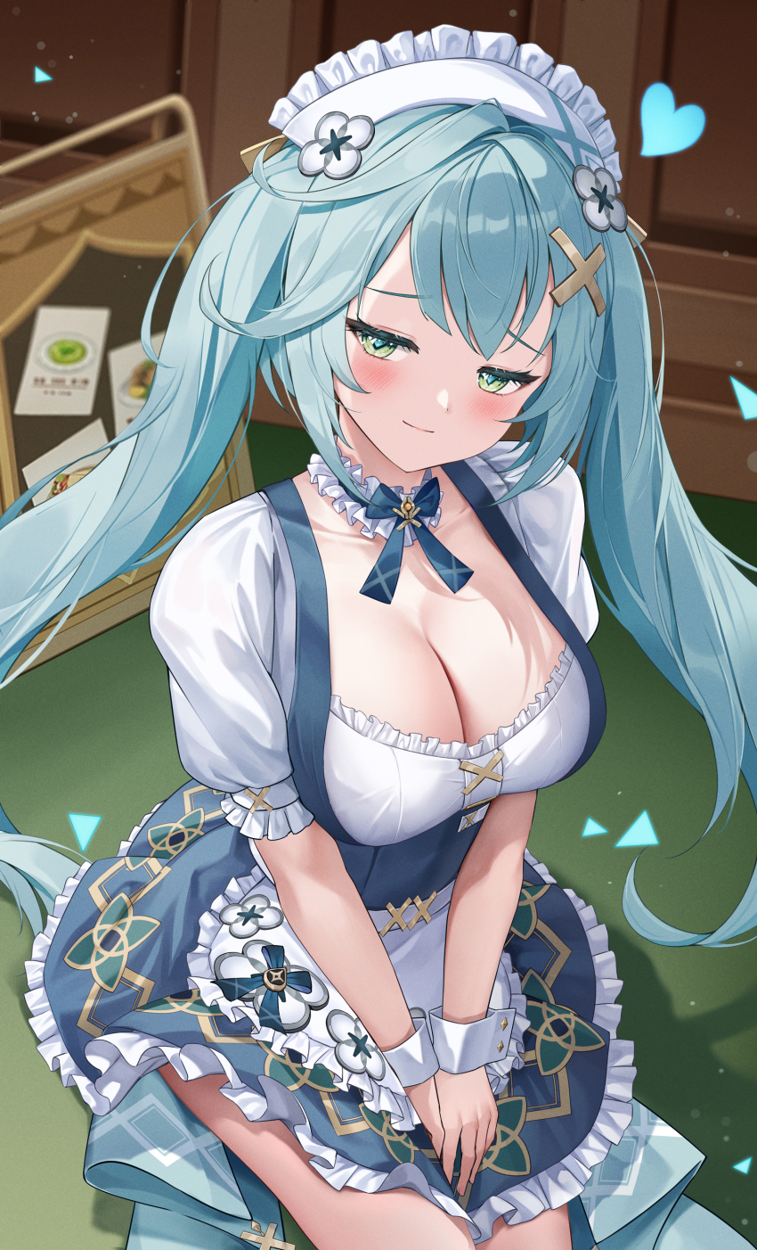 1girl absurdres alternate_breast_size anemo_symbol_(genshin_impact) apron aqua_hair aqua_pupils blue_dress blue_ribbon blush breasts circle_skirt cleavage closed_mouth collar collarbone detached_collar dress faruzan_(genshin_cafe_in_seoul)_(genshin_impact) faruzan_(genshin_impact) frilled_apron frilled_collar frills genshin_impact green_eyes hair_ornament heart highres long_hair looking_at_viewer lunacle maid maid_apron maid_headdress medium_breasts neck_ribbon official_alternate_costume ribbon short_sleeves sidelocks smile solo symbol-shaped_pupils triangle-shaped_pupils twintails white_apron white_collar x_hair_ornament