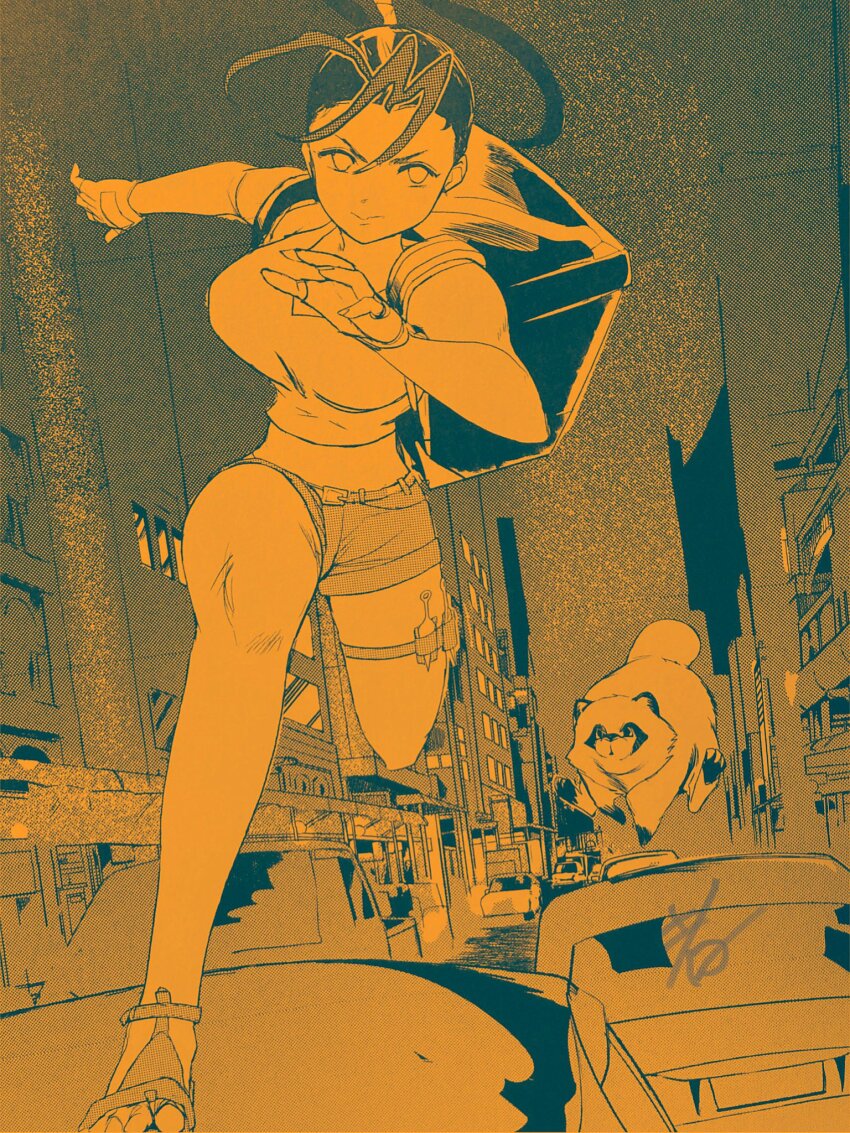 antenna_hair backpack bag breasts city city_lights cityscape don_(street_fighter) fingerless_gloves fingernails gloves highres hiroshi_mono ibuki_(street_fighter) jumping kunai large_breasts on_vehicle ponytail running sandals short_shorts shorts street_fighter tank_top thigh_strap vehicle_focus weapon