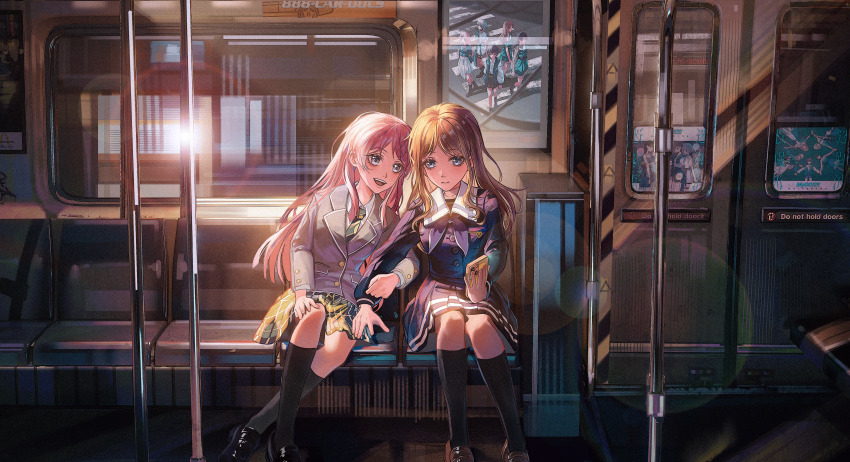 2girls absurdres annotated bang_dream! bang_dream!_it&#039;s_mygo!!!!! black_shoes black_socks blue_eyes blue_shirt blue_skirt brown_hair brown_shoes cang_(akaga204) chihaya_anon chinese_commentary closed_mouth commentary_request diagonal-striped_clothes diagonal-striped_necktie grabbing_another&#039;s_arm green_necktie green_skirt grey_neckerchief haneoka_school_uniform highres kaname_raana kneehighs loafers long_hair multiple_girls mygo!!!!!_(bang_dream!) nagasaki_soyo neckerchief necktie official_art_inset open_mouth pink_hair plaid_clothes plaid_skirt pleated_skirt school_uniform selfie shiina_taki shirt shoes sitting skirt socks striped_clothes takamatsu_tomori teeth train_interior tsukinomori_school_uniform upper_teeth_only yuri
