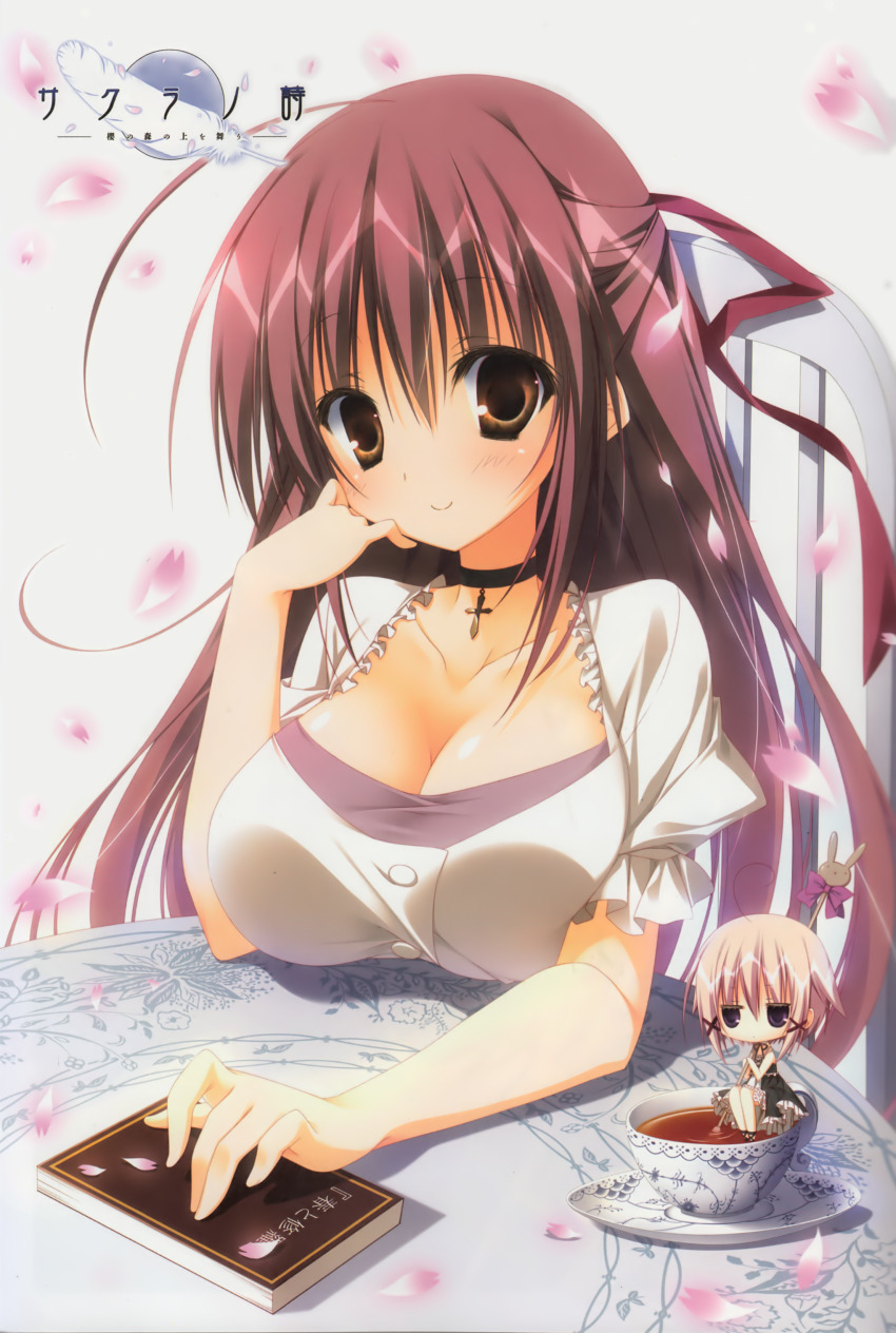 2girls absurdres ahoge arm_on_table black_choker black_dress black_ribbon book breasts brown_eyes chair chibi choker cleavage closed_mouth collarbone copyright_name cup dot_mouth dress elbow_rest falling_petals hair_between_eyes hair_ornament hair_ribbon hand_on_own_cheek hand_on_own_face highres holding holding_spoon inugami_kira jitome large_breasts light_smile long_hair looking_at_viewer misakura_rin multiple_girls natsume_shizuku no_nose on_chair petals pink_petals puffy_short_sleeves puffy_sleeves purple_eyes red_hair red_ribbon ribbon ribbon_choker sakura_no_uta shirt short_hair short_sleeves simple_background sitting sleeveless sleeveless_dress spoon straight_hair table tea teacup white_background white_hair white_shirt x_hair_ornament
