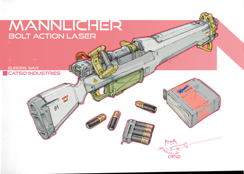 absurdres battery cat energy_gun english_text gun highres laser_rifle magazine_(weapon) mannlicher_m1886 mannlicher_m1895 no_humans original patso_catso rifle voltaction weapon
