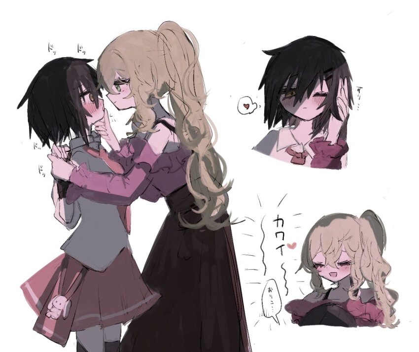 2girls a_umanee black_hair blonde_hair collared_shirt face-to-face kure_kirika long_hair mahou_shoujo_madoka_magica mahou_shoujo_oriko_magica mikuni_oriko miniskirt multiple_girls pink_shirt pink_skirt school_uniform shirt side_ponytail skirt strapless strapless_shirt white_shirt yuri