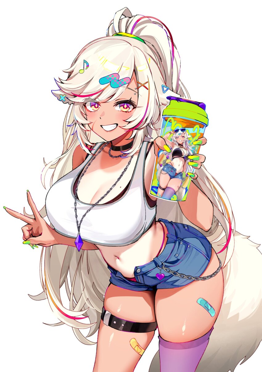 1girl bandaged_leg bandages bare_arms bare_shoulders bikini black_bikini black_choker blue_shorts breasts chain choker cleavage cowboy_shot crop_top crop_top_overhang cup denim denim_shorts ein_(foxyreine) foxyreine gamer_supps green_nails grin highres holding holding_cup jewelry large_breasts leaning_forward long_hair looking_at_viewer midriff mole mole_on_breast nail_polish navel necklace open_fly original ponytail purple_thighhighs shirt short_shorts shorts simple_background single_thighhigh skindentation sleeveless sleeveless_shirt smile solo standing stomach swept_bangs swimsuit tail tank_top thigh_strap thighhighs thighs undershirt very_long_hair white_background white_hair white_shirt yellow_eyes