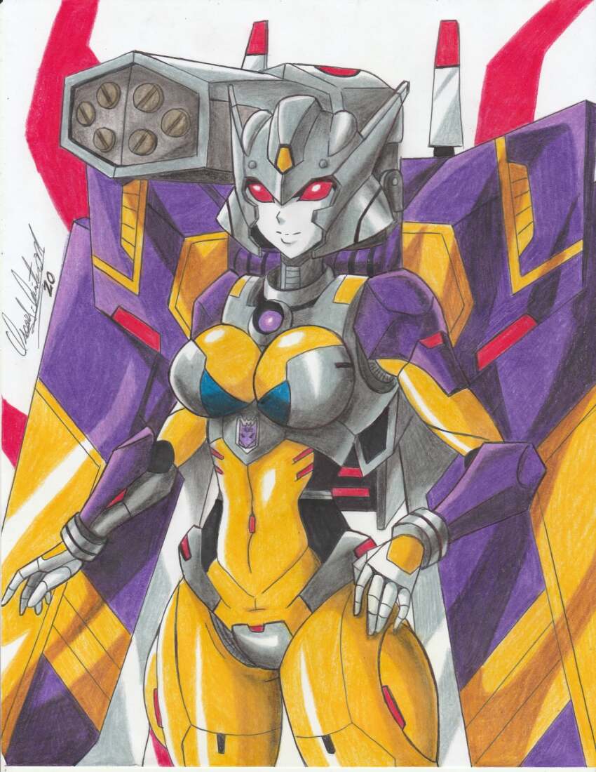 1girl breasts colored_skin crotch_plate decepticon helmet highres humanoid_robot insignia mechanical_wings metal_skin missile_pod ravernclouk_design red_eyes robot robot_girl simple_background solo thunderblast transformers transformers_cybertron transformers_unicron_trilogy wings