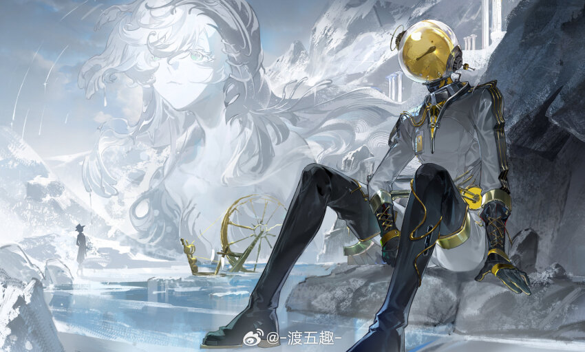 1boy 1girl black_gloves blue_sky boots brown_boots ferrofluid fishbowl_helmet gloves highres ice jumpsuit male_focus mountain nautika_(reverse:1999) object_head on_rock outdoors pillar reverse:1999 sitting sky snow solo_focus spinning_wheel statue ste7619 thigh_boots ulrich_(reverse:1999) vertin_(reverse:1999) watermark weibo_watermark white_jumpsuit