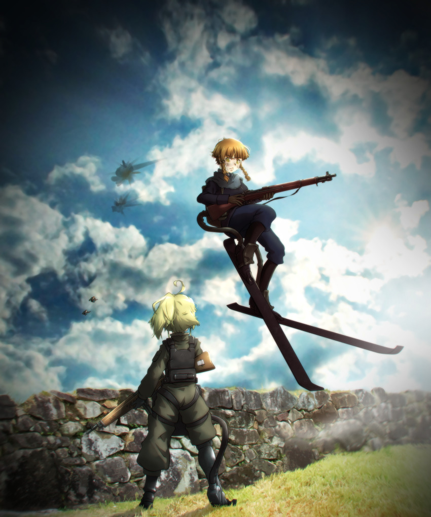 2girls absurdres ahoge blonde_hair braid cloud flying genya_(genya67) gun highres holding holding_gun holding_weapon looking_at_another mary_sue_(youjo_senki) military military_uniform multiple_girls outdoors ponytail rifle skis soldier standing stone_wall tanya_degurechaff twin_braids wall weapon yellow_eyes youjo_senki