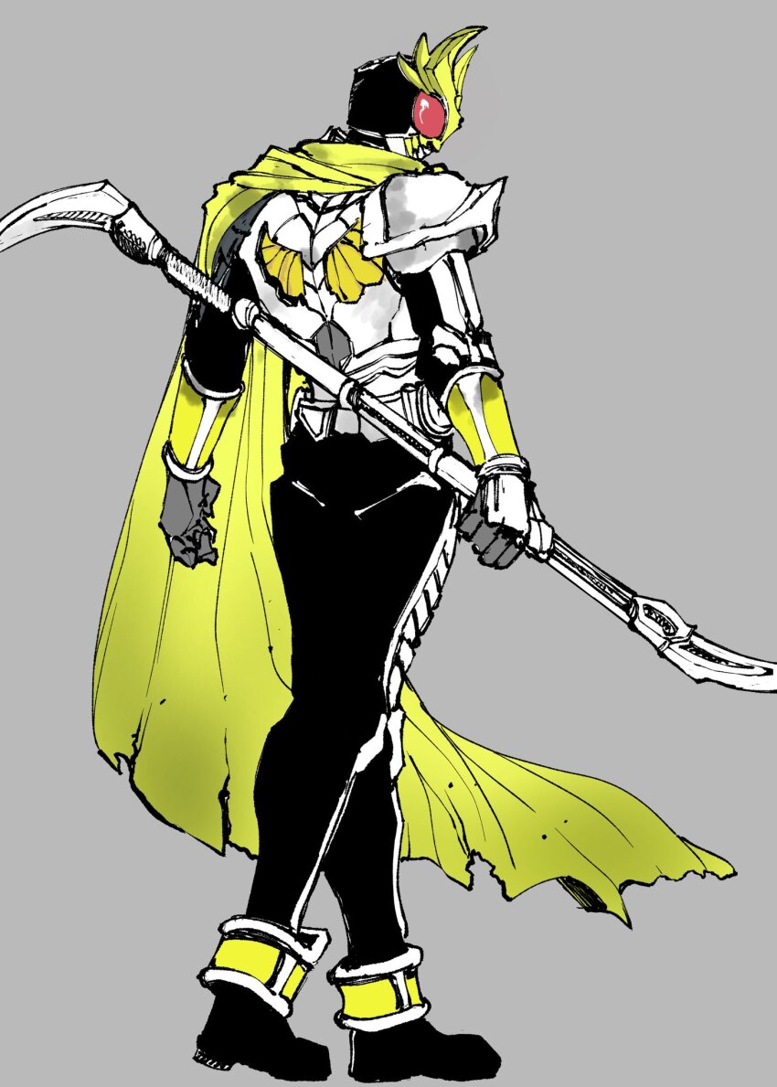 1boy alternate_form armor asymmetrical_armor back black_pants cape full_body gauntlets gloves highres holding holding_weapon horns ichitaka_(1015ichitaka) kamen_rider kamen_rider_agito kamen_rider_agito_(series) looking_back pants polearm rider_belt spear spot_color standing tokusatsu walking weapon yellow_cape yellow_horns
