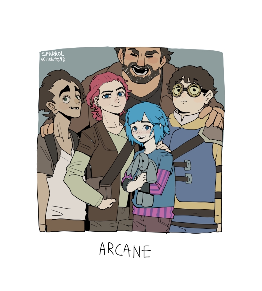 2girls 3boys arcane:_league_of_legends arcane_vi artist_name beard blue_eyes blue_hair blush brown_hair brown_jacket brown_pants character_request check_character claggor_(arcane) closed_eyes collarbone copyright_name cropped_legs facial_hair father_and_daughter freckles goggles hair_ornament hairclip highres hugging_object jacket jinx_(league_of_legends) layered_sleeves league_of_legends long_sleeves multiple_boys multiple_girls mylo_(arcane) open_clothes open_jacket pants photo_(object) pink_hair powder_(arcane) short_hair short_over_long_sleeves short_sleeves siblings sisters smile sparrowl spoilers stuffed_animal stuffed_rabbit stuffed_toy teeth twitter_username vander_(arcane) vi_(league_of_legends)