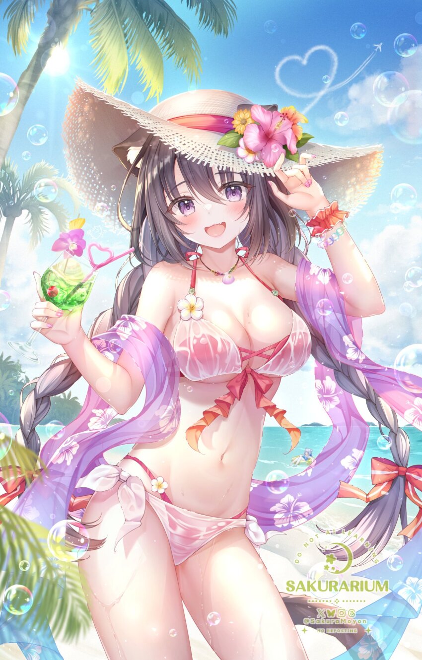 1girl animal_ears bare_shoulders beach bikini blush bow bracelet breasts brown_hair cat_ears cleavage cup drink flower hair_bow hair_ornament hat highres holding holding_cup jewelry large_breasts long_hair looking_at_viewer navel necklace open_mouth original palm_tree purple_eyes purple_shawl red_bikini sakura_moyon see-through_clothes shawl smile solo stomach straw_hat sun_hat swimsuit tree twintails very_long_hair wet