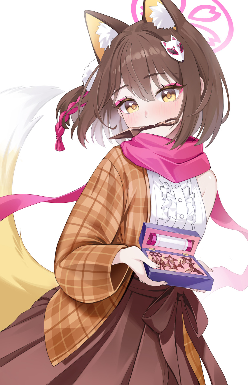 1girl absurdres alternate_costume animal_ear_fluff animal_ears blue_archive blush box brown_hair brown_jacket brown_skirt chocolate fox_ears fox_girl fox_mask fox_tail frilled_shirt frills highres holding holding_box holding_kunai holding_weapon izuna_(blue_archive) jacket jacket_partially_removed kunai looking_at_viewer mask pink_scarf plaid_clothes plaid_jacket pom_pom_(clothes) prock scarf shirt single_bare_shoulder skirt tail weapon_in_mouth white_shirt yellow_eyes