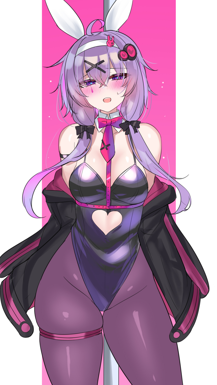 1girl absurdres animal_ears blush bow bowtie breasts fake_animal_ears hair_ornament heart heart-shaped_pupils highleg highleg_leotard highres kutan leotard long_hair medium_breasts necktie open_mouth pantyhose playboy_bunny purple_eyes purple_hair purple_pantyhose rabbit_ears rabbit_hole_(vocaloid) symbol-shaped_pupils twintails vocaloid yuzuki_yukari