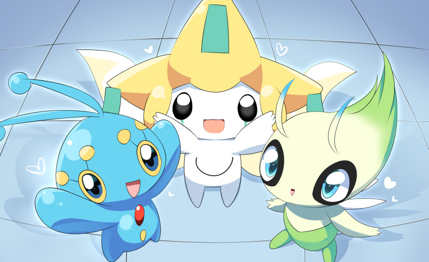 black_eyes blue_eyes celebi full_body gen_2_pokemon gen_3_pokemon gen_4_pokemon heart highres jirachi legendary_pokemon lets0020 looking_at_viewer manaphy mythical_pokemon nintendo no_humans open_mouth pokemon pokemon_(creature) smile standing tile_floor tiles