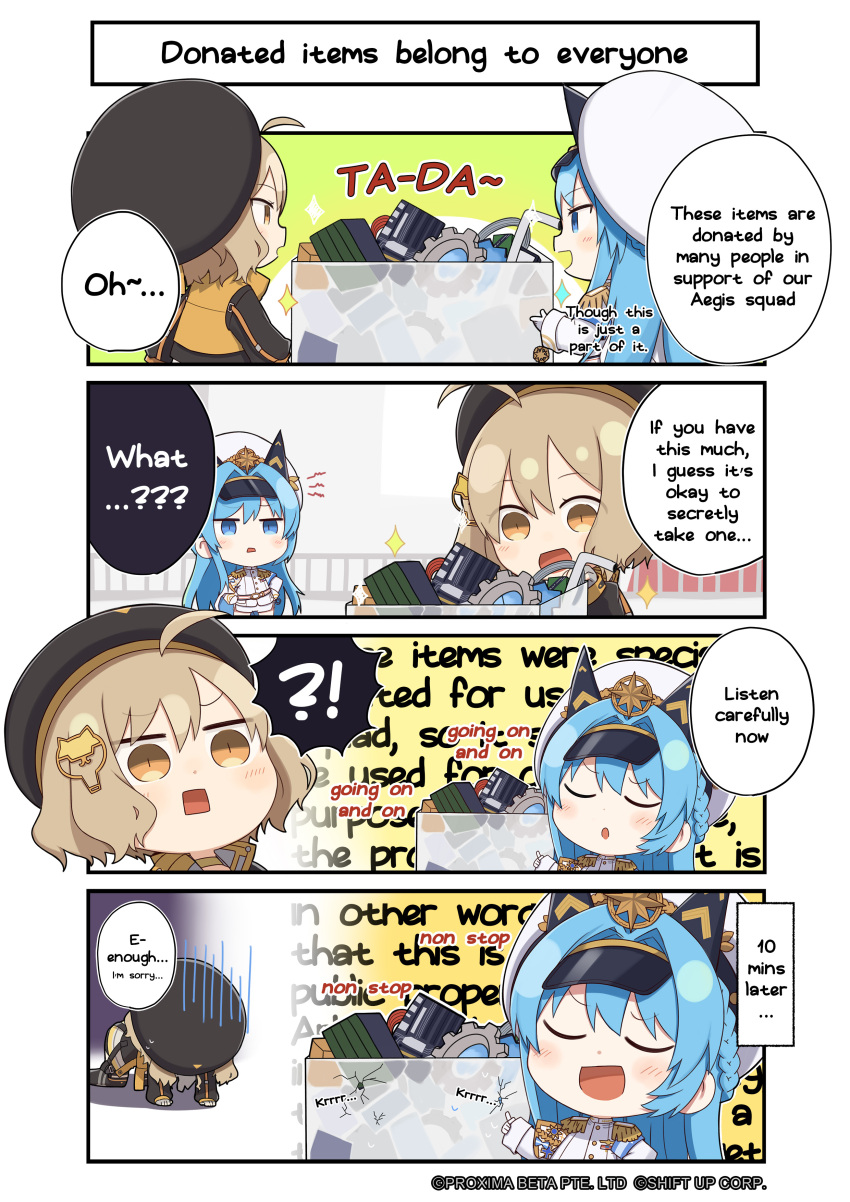 4koma absurdres ahoge anis_(nikke) beret blue_eyes blue_hair blush braid brown_eyes brown_hair comic commentary english_commentary english_text gears goddess_of_victory:_nikke hair_ornament hat helm_(nikke) highres kneeling lecturing long_hair military military_uniform multiple_girls naval_uniform totatokeke