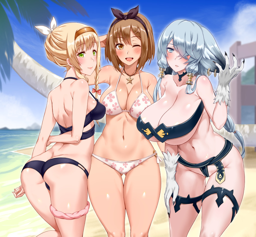 3girls absurdres ass atelier_(series) atelier_ryza atelier_ryza_1 back bare_shoulders beach bikini black_bikini blonde_hair blush bow braid breasts brown_bow brown_hair butt_crack choker closed_mouth darkmaya day fingernails hair_ornament hair_over_one_eye hairclip halterneck highres jewelry klaudia_valentz large_breasts lila_decyrus long_hair looking_at_viewer medium_breasts multiple_girls navel necklace o-ring o-ring_bottom one_eye_closed open_mouth outdoors palm_tree parted_lips red_bow reisalin_stout sand sharp_fingernails shore short_hair sideboob single_braid sky smile star_(symbol) star_necklace strapless strapless_bikini swimsuit take_your_pick thigh_strap thighs tree water white_bow