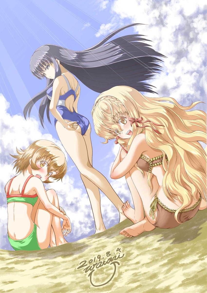 3girls barefoot bikini black_eyes black_hair blonde_hair blush breasts brown_bikini brown_eyes brown_hair competition_swimsuit dated floating_hair from_behind green_bikini hades_project_zeorymer hades_project_zeorymer_omega hair_behind_ear half-closed_eyes highres large_breasts long_hair looking_back medium_breasts multiple_girls one-piece_swimsuit open_mouth ruri_(zeorymer_omega) short_hair smile soles swimsuit tomoko_(zeorymer_omega) very_long_hair watari_yuu_(watari65u) watase_miku yellow_eyes